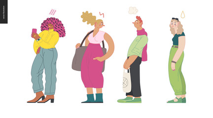 Waiting in line - modern flat vector concept illustration of a young men a women standing in line with smartphones, talking to each other. Multicultural, multilingual people, diversity concept