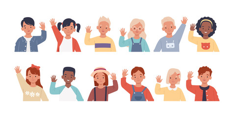 Set of children waving their hands in greeting. Collection of kids, boys and girls greet, raising hands. Vector illustration in a flat style