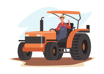 Smiling farmer driving a tractor and waving hello. Vector illustration in a flat style