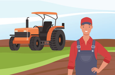Smiling farmer on the background of a field and a tractor. Vector illustration in a flat style