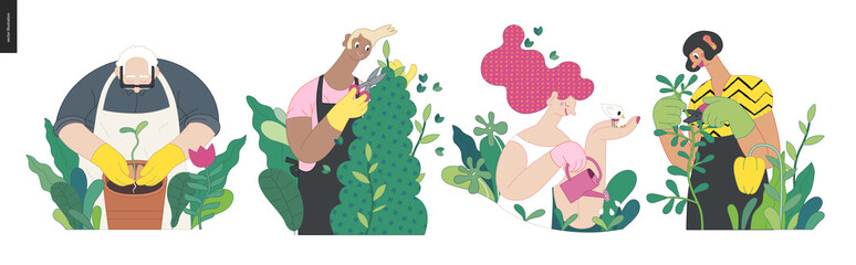 Gardening people, spring - modern flat vector concept illustration of people in the garden wearing aprons and gloves, gardening, watering, planting, cutting branches. Spring gardening concept