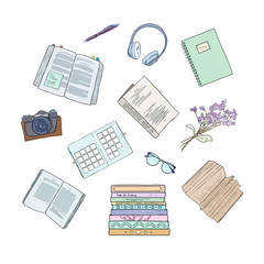 Top view of workplace, office supplies and gadgets. Flat lay view from above. Vector illustration creative study space