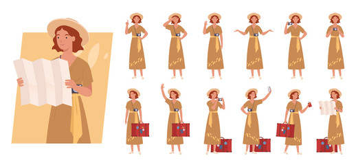 Tourist woman with luggage character set. Different poses and emotions. Vector illustration in a flat style
