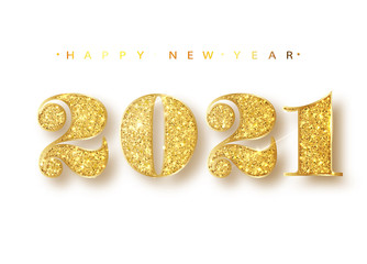 Obraz na płótnie Canvas 2021 Happy new year. Gold Numbers Design of greeting card. Gold Shining Pattern. Happy New Year Banner with 2021 Numbers on Bright Background. Vector illustration.