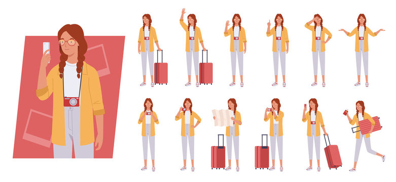 Tourist woman with luggage character set. Different poses and emotions. Vector illustration in a flat style