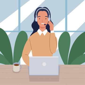 Woman Working In A Call Center With Laptop On Desk And Headset. Concept Of Customer Service And Communication. Vector Illustration In A Flat Style