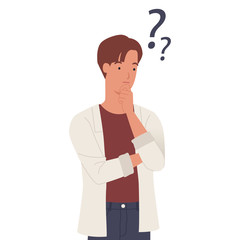 Young man thinking with question mark. Vector illustration in a flat