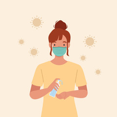 Young woman wear masks Use alcohol antiseptic gel to clean hands and prevent germs. Vector illustration in a flat style