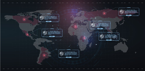 Coronavirus text outbreak with the world map in style HUD.  Circle element cyber futuristic concept. Virus danger, infected places on earth. Red lesions of coronavirus. World pandemic 2020. Vector