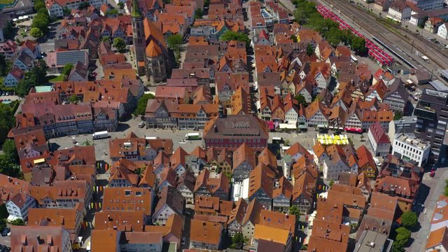 Aerial view of the old part of town of Schorndorf in Germany. On sunny day in summer.