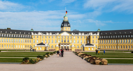 Front View of Main Entrance of Castle Karlsruhe with Square. In District Karlsruhe, Baden-Württemberg, Germany