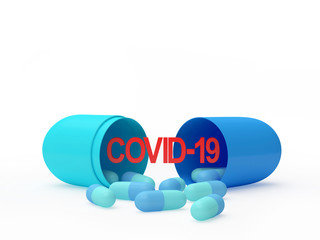 Covid-19 coronavirus icon and scattered medical capsules isolated on white background. 3D illustration