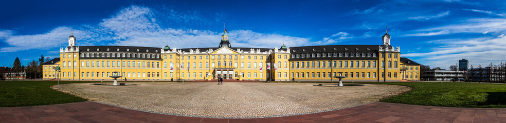 Wide Panorama of Main Entrance of Castle Karlsruhe with Square. In Karlsruhe, Baden-Württemberg, Germany
