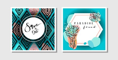 Hand drawn vector abstract creative collage freehand textured save the date greeting cards collection set template with succulent flowers and cactus plants isolated.Wedding,save the date,birthday