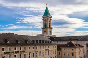 Panorama of Tower of Evangelische Stadtkirche Karlsruhe and surrounding Buildings. Karlsruhe,...