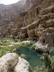 Wadi Shab, beautiful scenery, high rocks, stream with clear water. Oman