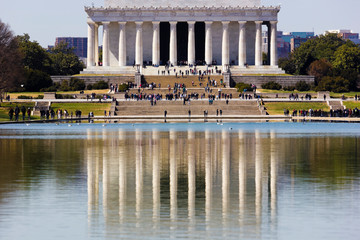 Beautiful reflection of the Abraham Lincoln Memorial on the surface of the Reflecting Pool,...