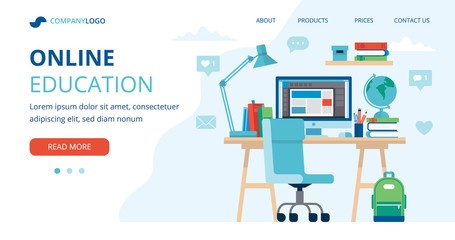 Online education concept with a student desk, computer, lamp, and books. Landing page template, vector illustration in flat style.