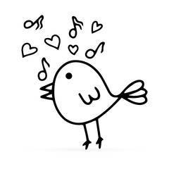 Doodle song bird wirh note and heart icon isolated on white. Line art animal. Spring kids hand drawing. Vector stock illustraton