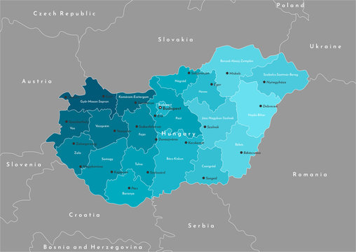 Vector modern illustration. Simplified administrative map of Hungary (in blue) and borders with neighboring countries. Names of hungarian cities and counties