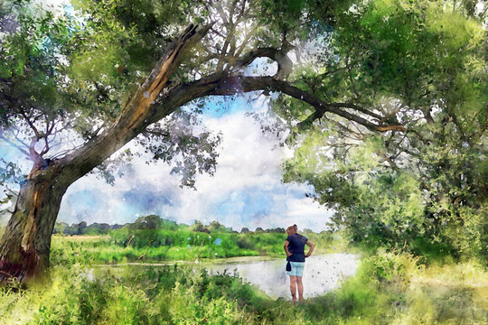 Watercolor painting of Havel river landscape. Woman watching the water in river while standing under an old willow tree.