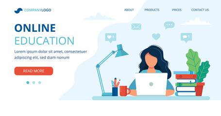 Online education concept with a woman, computer, lamp, and books. Landing page template, vector illustration in flat style.