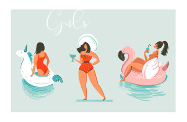 Hand drawn vector cartoon summer time fun beach girls collection illustration set with swimming pool float unicorn and flamingo rings and retro girl in hat with cocktail isolated on blue background - obrazy, fototapety, plakaty