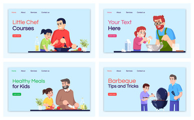 Cooking courses landing page vector templates set. Culinary lessons website interface idea with flat illustrations. Meal recipes homepage layout. Master classes cartoon web banner, webpages kit