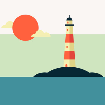 Lighthouse with ocean or sea beach view on background in flat style. Vector marine navigation.Nature seascape background, concept