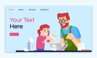 Cooking with kids landing page vector template. Home culinary website interface idea with flat illustrations. Preparing dinner together homepage layout. Family leisure cartoon web banner, webpage