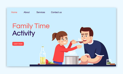 Family time activity landing page vector template. Cooking together website interface idea with flat illustrations. Leisure with kids homepage layout. Homemade food cartoon web banner, webpage
