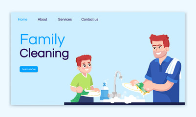 Family cleaning landing page vector template. Washing dishes together website interface idea with flat illustrations. Household chores homepage layout. Housekeeping cartoon web banner, webpage