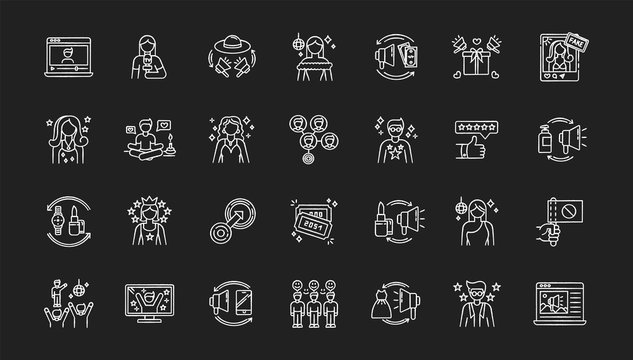 Social media promotion chalk white icons set on black background. Digital marketing with influencers. Product promotion. Loyal audience. Top review. Isolated vector chalkboard illustrations