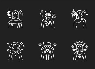 Popular celebrity chalk white icons set on black background. Famous female and male actors. Talent show star. Successful entertainer. Stylish idol. Isolated vector chalkboard illustrations