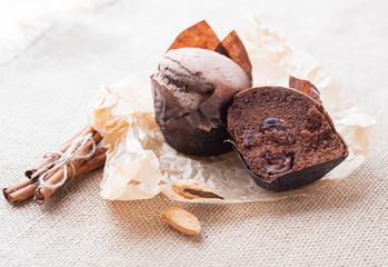 chocolate cupcake, brownie on craft paper