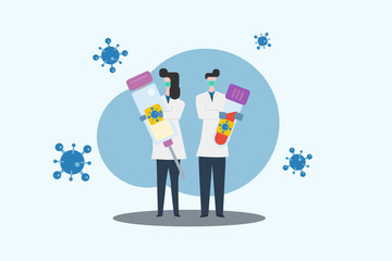Female and male medical scientist carry big syringe and needle filled with vaccine for treating covid-19 and infected blood specimen in test tube. Concept coronavirus and laboratory character design.