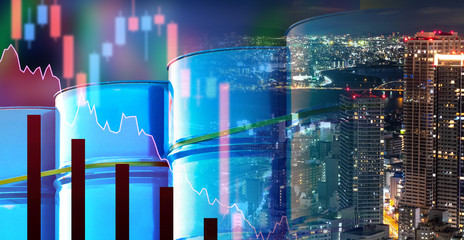 Oil barrels against the backdrop of the city. Concept - falling oil consumption in Asia. Decrease in consumption of oil products. Asian travelers. Concept - falling consumption led to lower prices