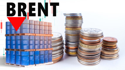 Barrels of oil on a white background. Brent oil price fall. Concept - change in the value of the...