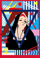 Sexy nun smoking cigarette, with woman leg and white cross, abstract religion background