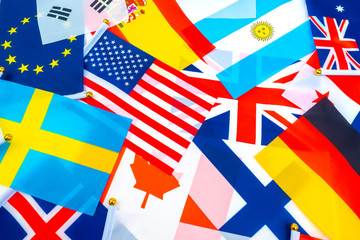 Politics. State flags of different countries. The concept is diplomacy. Concept - international associations. Supranational associations. Concept - Multinational company. Interstate Arrangements