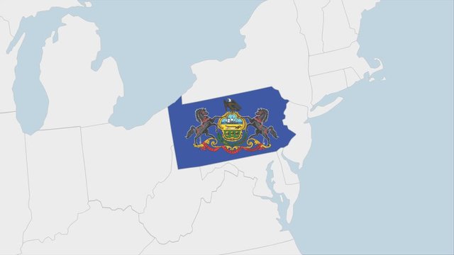 US State Pennsylvania map highlighted in Pennsylvania flag colors and pin of country capital Harrisburg.