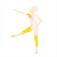 vector, isolated, watercolor silhouette yellow girl gymnast