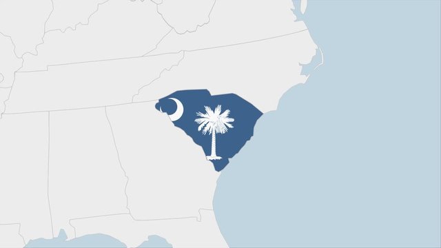 US State South Carolina map highlighted in South Carolina flag colors and pin of country capital Columbia.