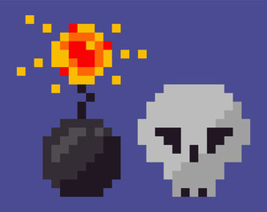 Obraz premium Skull and bomb with explosion vector, boom isolated set of pixel game icons, 8 bit graphics, weapon and poisonous symbol danger mosaic skeleton flat style