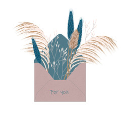 Vector illustration of plants in envelope. Beautiful hand drawn floral elements: pampas grass, thistle, bunny tail grass. Stylish flat elements for your greeting cards and other design.