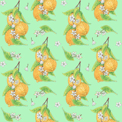Seamless pattern with lemons on green background for wrapper, textile, scrapbooking paper
