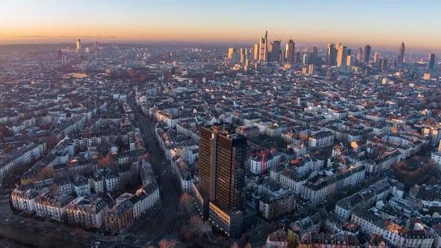 drone shot of frankfurt skyline during sunrise