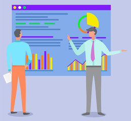 Teamwork cooperation and learning online with webpage graph report. Professional worker man discussing and brainstorming infochart. People educating or studying diagram presentation icon vector