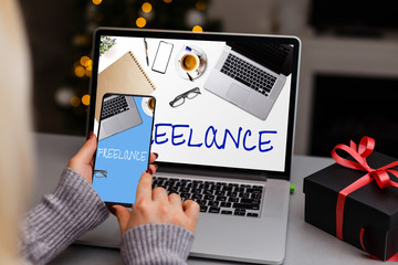 Woman's hands typing on laptop keyboard. Study and work online, freelance, home comfort and relax