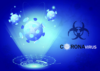 coronavirus COVID-2019 on a blue futuristic background. Deadly type of virus 2019-nCoV. 3D models of coronavirus bacteria. Vector illustration. 
